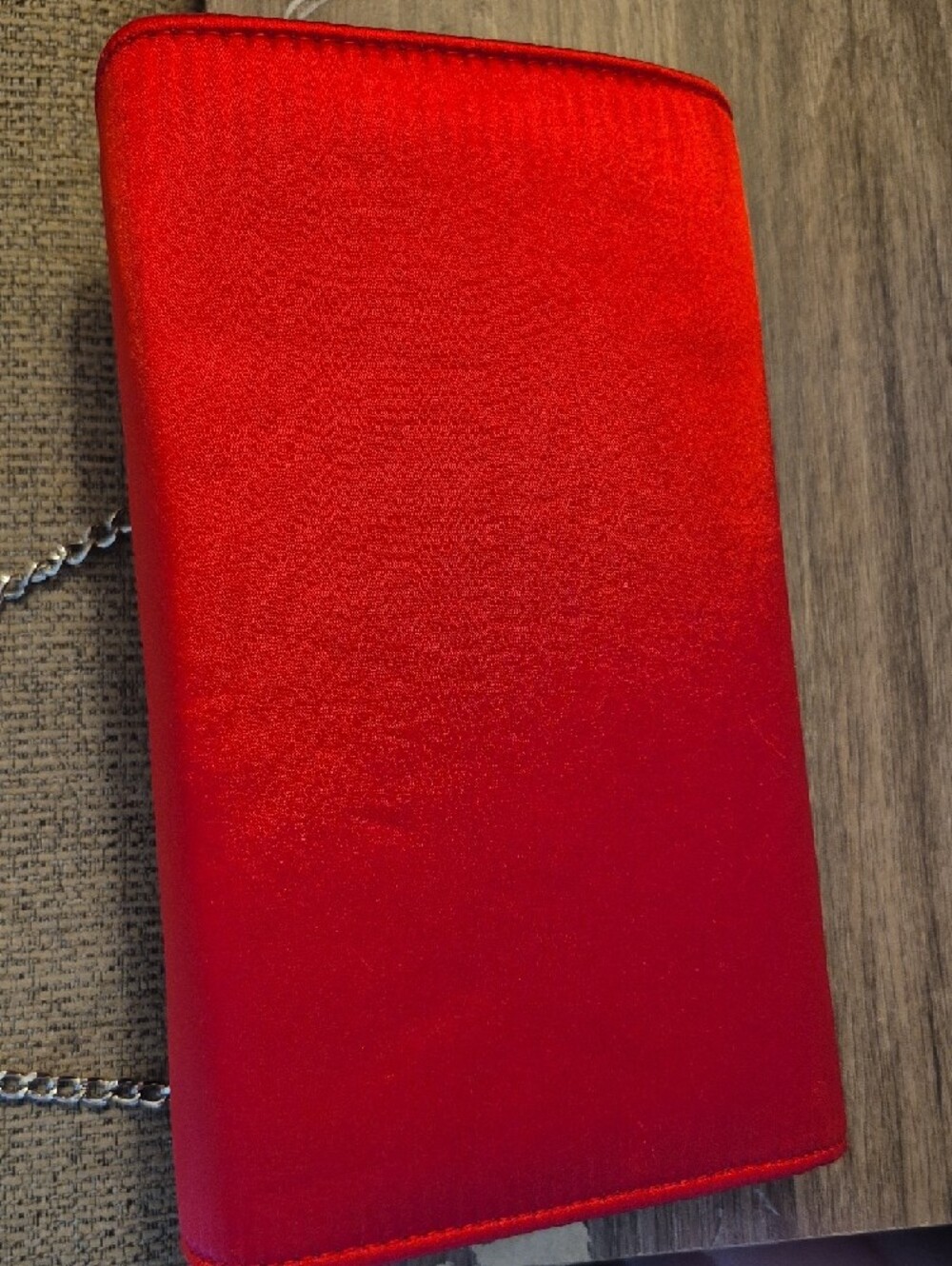 Red Satin Evening Clutch with Crystal Rhinestone Bow Accent - Picture 7 of 10